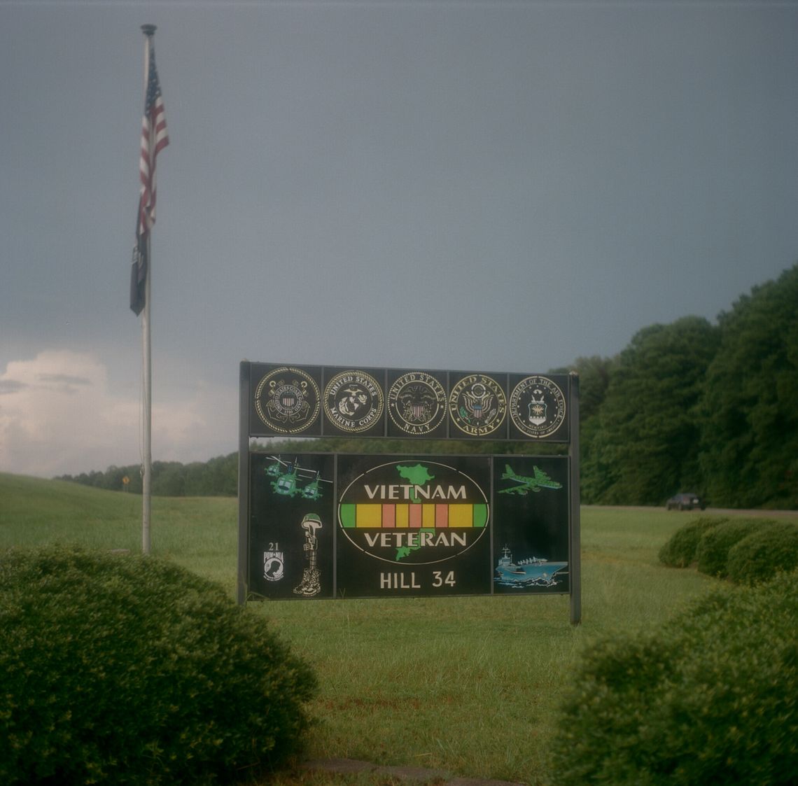 A color photo of a sign saying “Vietnam Veteran” in a grassy area, next to an American flag. 