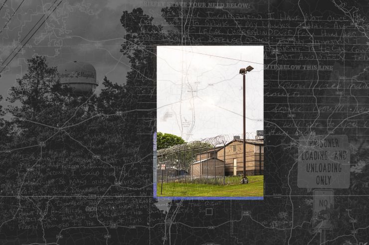 A collage shows a color photo of the exterior of a jail, with visible barbed wire, within the outline of Pike County. In the background are a map of Mississippi, text from federal filings and black-and-white photos of a water tower reading “Magnolia” and a “Prisoner loading and unloading only” sign.