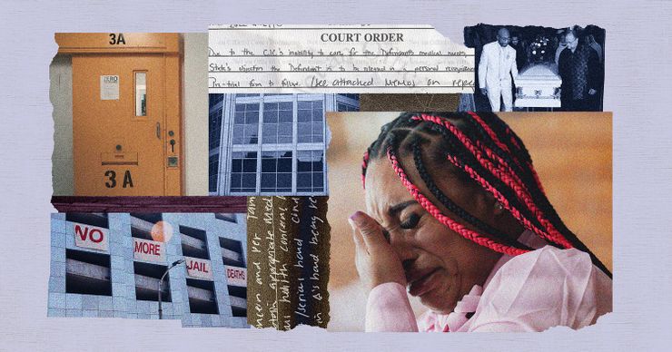 A collage shows images of a jail door, a parking garage with signs that read “No More Jail Deaths,” clippings of legal documents, windows of a jail, two people holding a casket and a Black woman crying.  