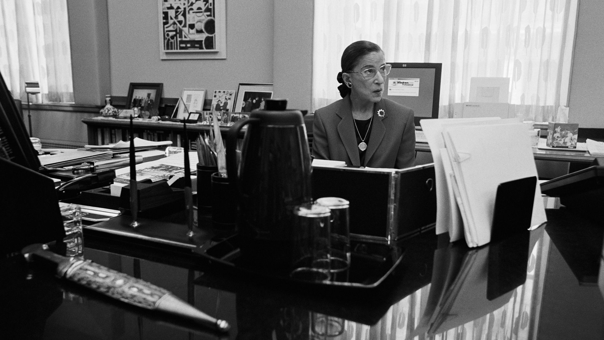  Supreme Court Justice Ruth Bader Ginsburg sits in her chambers in 2002 in Washington, DC.