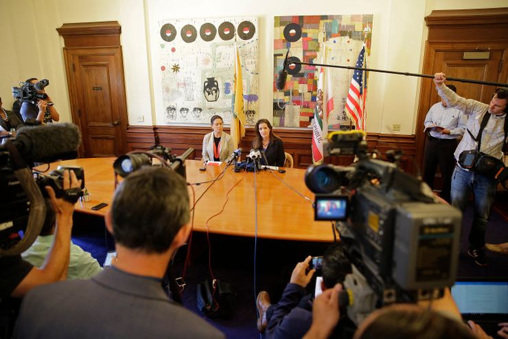 Oakland Mayor Libby Schaaf, right, during a news conference in June amid a sex scandal involving several city police officers.