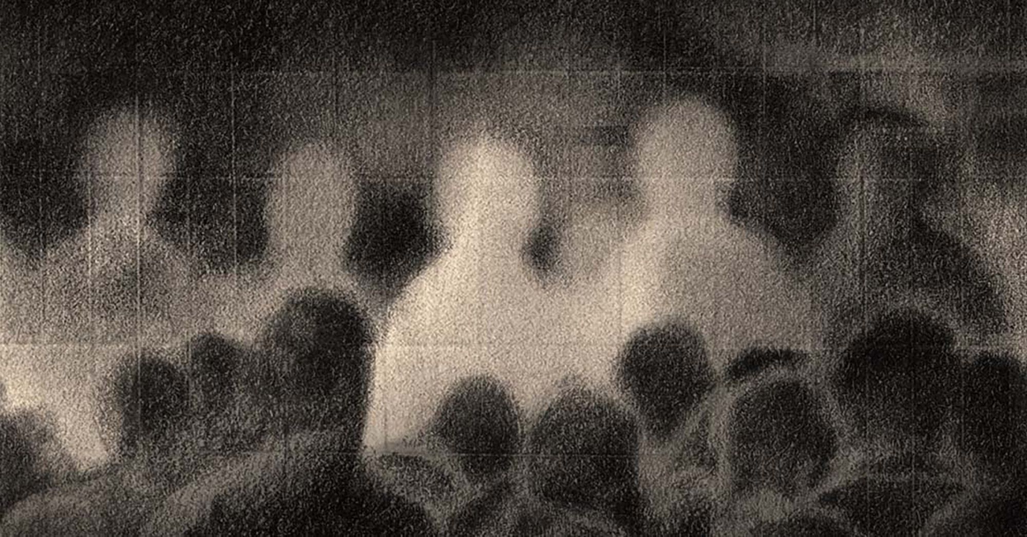 A black-and-white illustration shows the backs of people in a crowd. They face a group of faded gray and white silhouettes in front of a wall with windows.