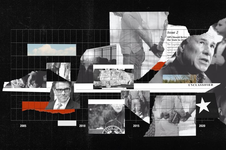 Images of Texas Gov. Greg Abbott, former Gov. Rick Perry, people being arrested for crossing the border illegally, and sky and brush are overlaid on a timeline shown by a grid that starts from 2005 and goes just past 2020.  