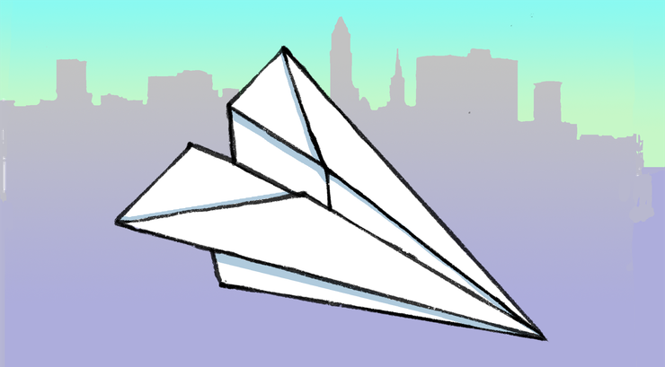 Illustration of a white paper airplane flying in the sky with a faint city skyline with a blue and purple gradient in the background.