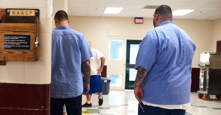 Wednesday, July 28th - Warren, Maine..Residents at Maine State Prison line up for the 6:30am med call during which some patients receive buprenorphine or methadone...Philip Keith for The Marshall Project