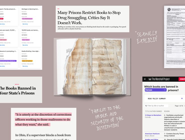 An open book with shredded pages surrounded by images, screenshots, documents, and handwritten quotes. "Threat to the order and security of the institution." "sexually explicit." A table that shows which books are banned in Kansas prisons with reasons. A headline that reads: The Books Banned in your State's Prisons."
