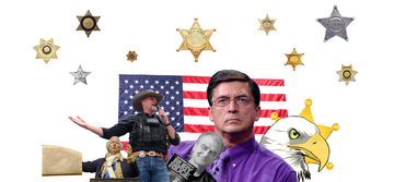 A collage made up of figures of, from left: Texas pastor Mark Collins dressed as George Washington; Pinal County, Arizona, Sheriff Mark Lamb; activist Randy Weaver; former Graham County, Arizona, Sheriff Richard Mack; and the Constitutional Sheriffs and Peace Officers Association logo, which is an eagle.  Sheriff's badges are scattered above the collage.  