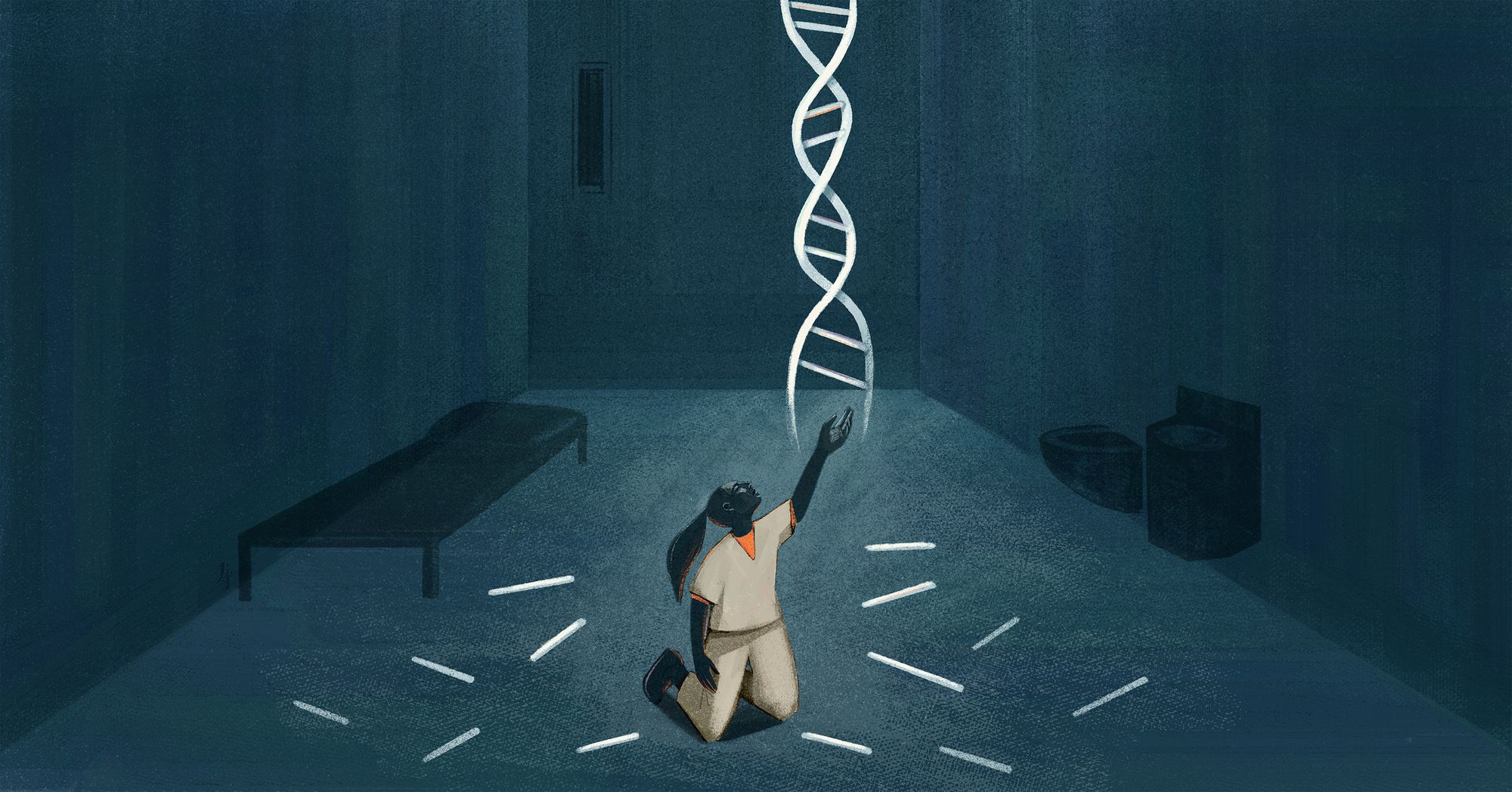 An illustration shows a prison cell in shades of dark teal blue, with an incarcerated person with a ponytail in a beige prison uniform reaching up to a strand of DNA coming down from the ceiling. Some of the horizontal lines that tie the two strands of the DNA together have come undone and fallen on the floor of the cell. In the cell, a bed and a sink and toilet are visible.