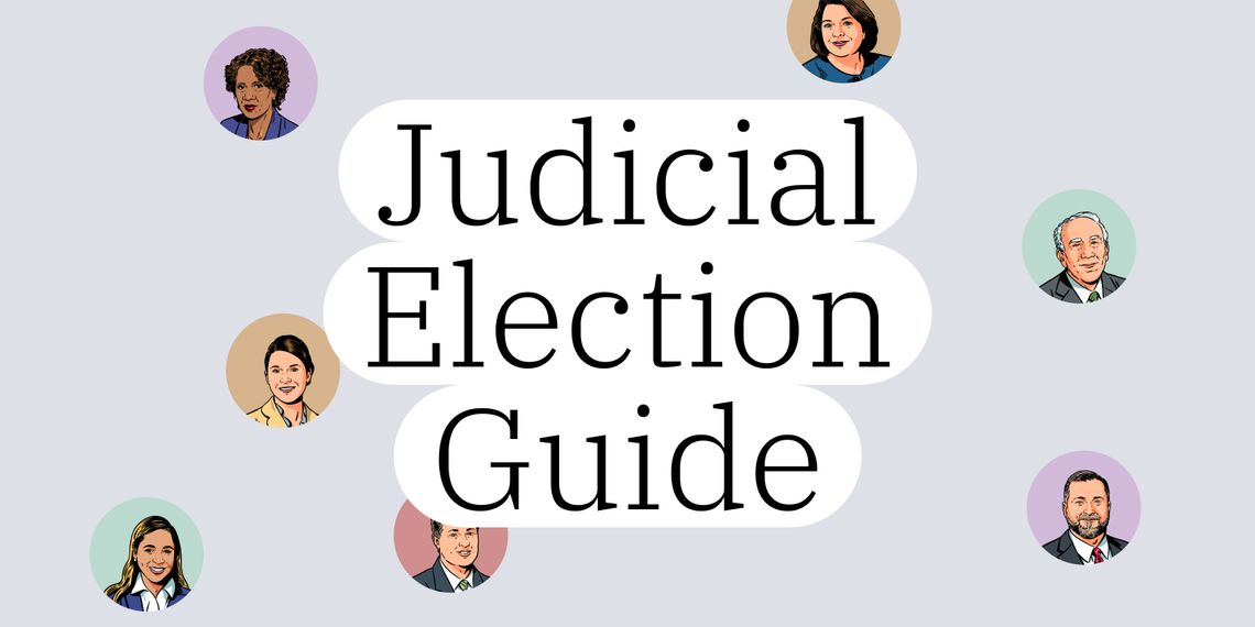 An illustration shows circles with portraits of seven judges and the text: “Judicial Election Guide.”