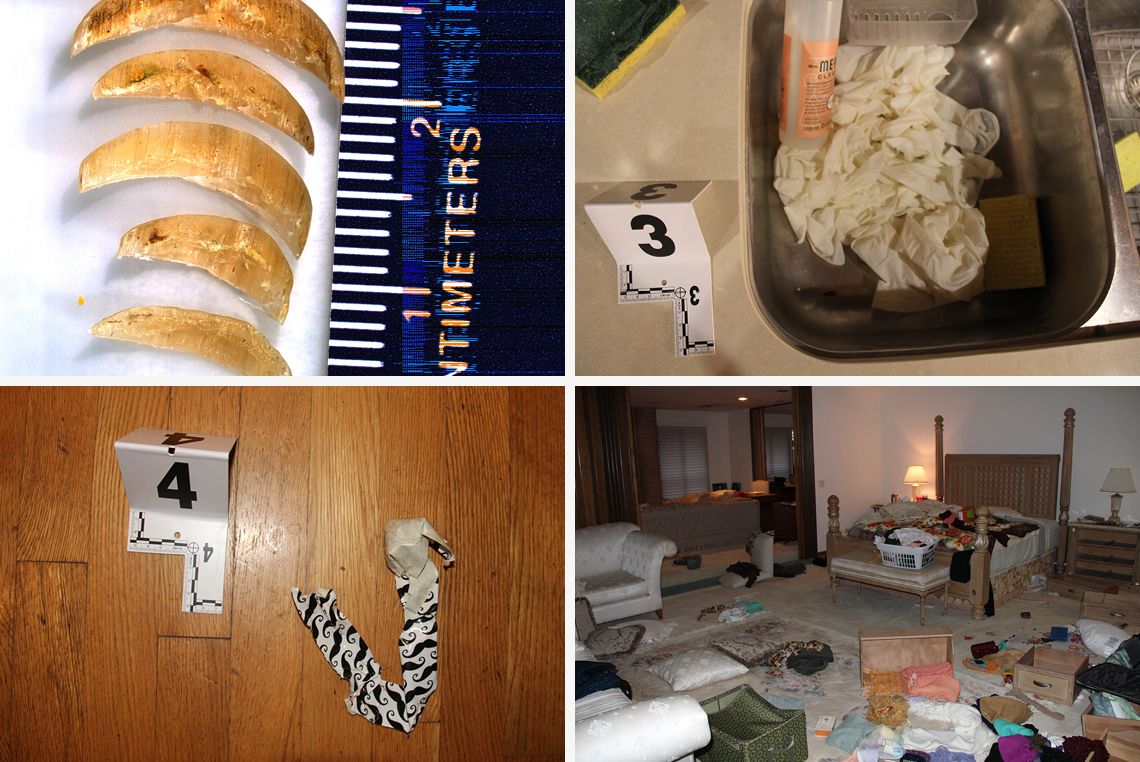 Photos from the crime scene, clockwise from top left: Raveesh Kumra’s fingernail clippings; a pile of latex gloves found in the sink; the ransacked Kumra mansion; and mustache-print duct tape used to tie up the victims.