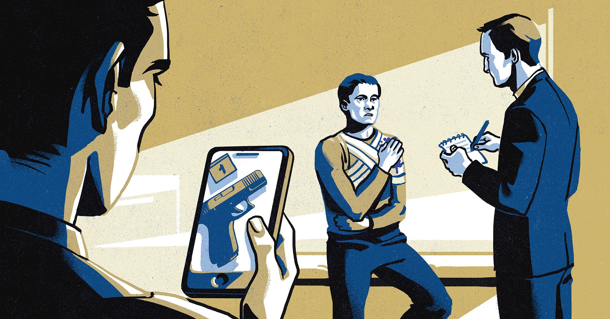 An illustration shows one detective on the left reviewing evidence on their phone, while another detective interviews an injured victim.