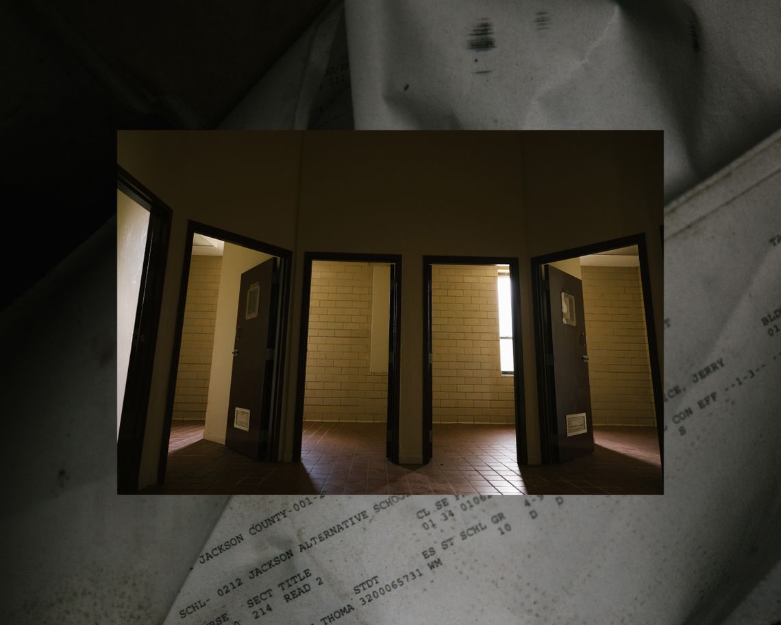 A photo shows five open doors right next to each other, with a yellowish wall in the rooms. One room has part of a window visible. This photo is overlaid on a photo showing a partially folded and crumpled piece of paper with the words "Jackson County", "Jackson Alternative School" and "Title: Read 2" typed on it.