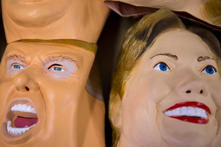 Rubber masks in the likeness of Republican presidential candidate Donald Trump, left, and Democratic presidential candidate Hillary Clinton.