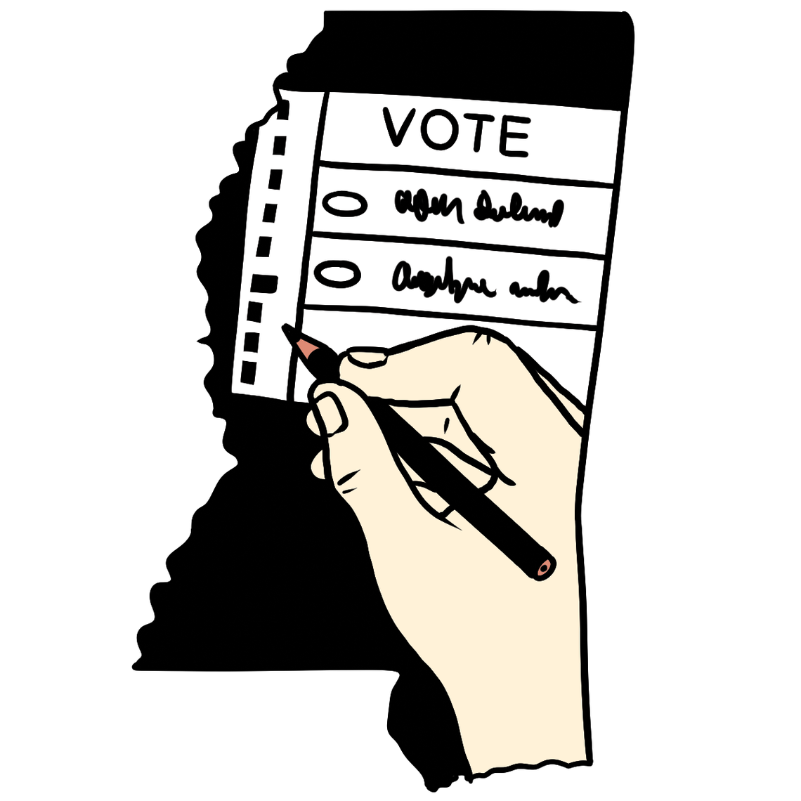 A close-up illustration of a person filling out a voting ballot. 