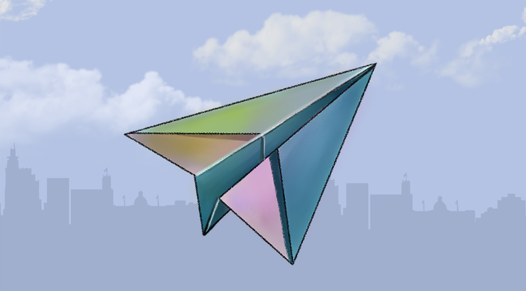 Illustration of a colorful paper airplane flying in the sky with a faint cornflower blue city skyline in the background.