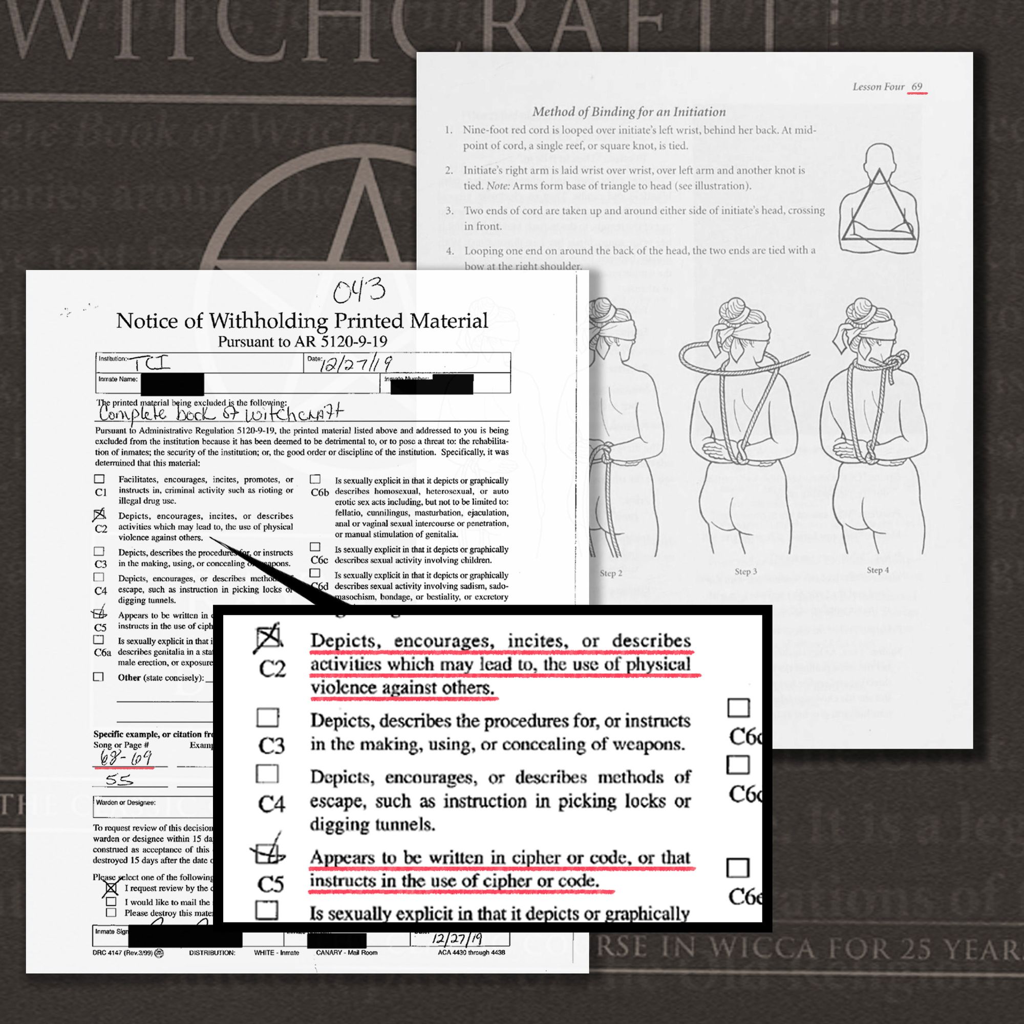 A notice of withholding form for “Buckland’s Complete Book of Witchcraft” shows boxes checked saying the book could incite violence and appeared to be written in code, citing pages 55, 68 and 69 as problematic. Page 69 of the book shows an instructional illustration of a naked woman having her hands tied.