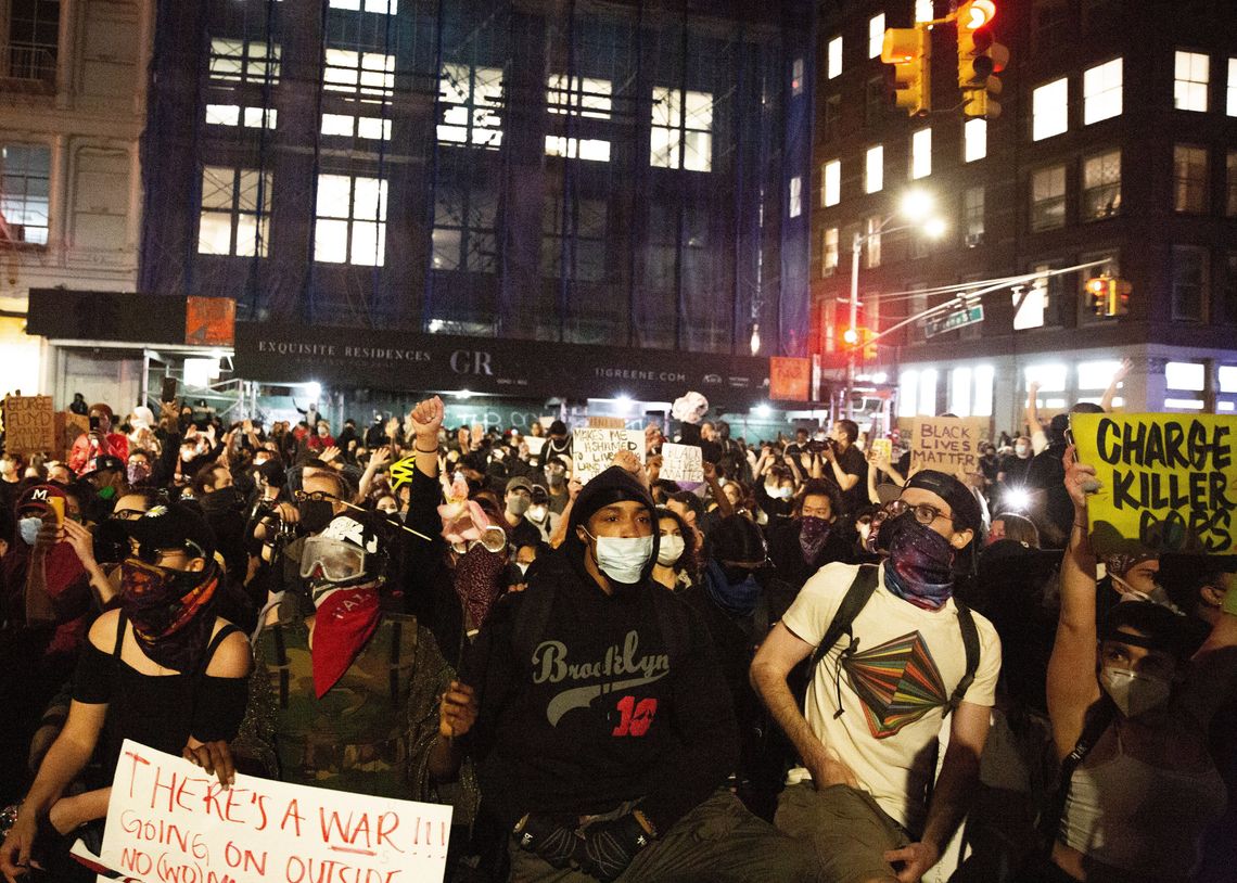 In downtown Manhattan protesters kneeled and chanted, “Say his name, George Floyd!” before taking a moment of silence. 