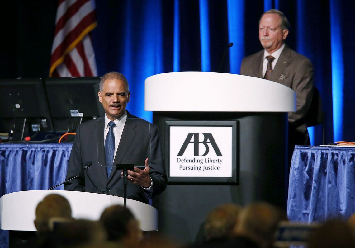 Holder at a meeting of the American Bar Association in August 2013, where he announced plans for changes in drug sentencing policies. 
