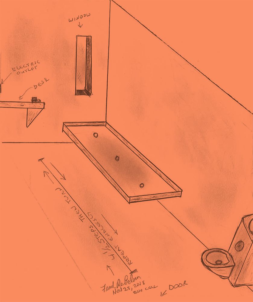 A sketch by Frank De Palma of his solitary confinement cell.