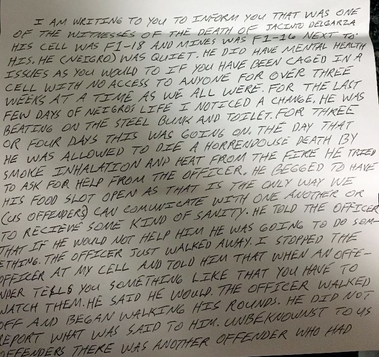 A handwritten letter by Elijah Woods shows text including the words, "He was allowed to die a horrendous death by smoke inhalation and heat from the fire he tried to ask for help from the officer." 