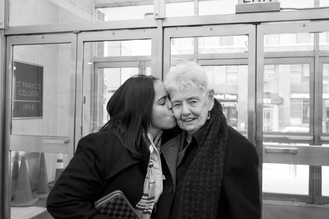 Evelyn meets with Sister Elaine Roulet, a nun who worked at Bedford Hills Correctional Facility, at a spiritual retreat for formerly incarcerated women in Brooklyn.