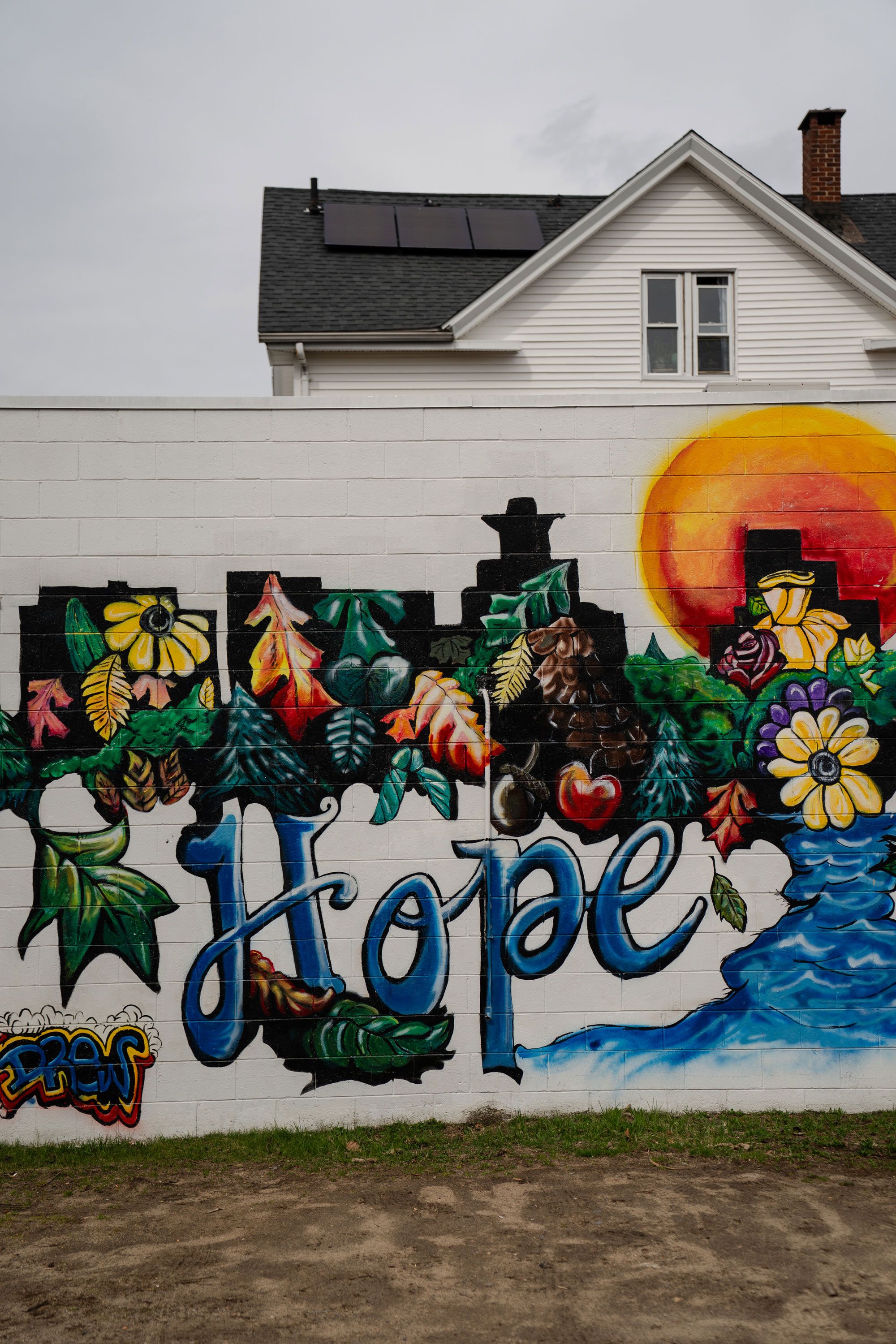 A photo of a colorful mural on the side of a building with the word "hope," leaves, flowers and a river. 