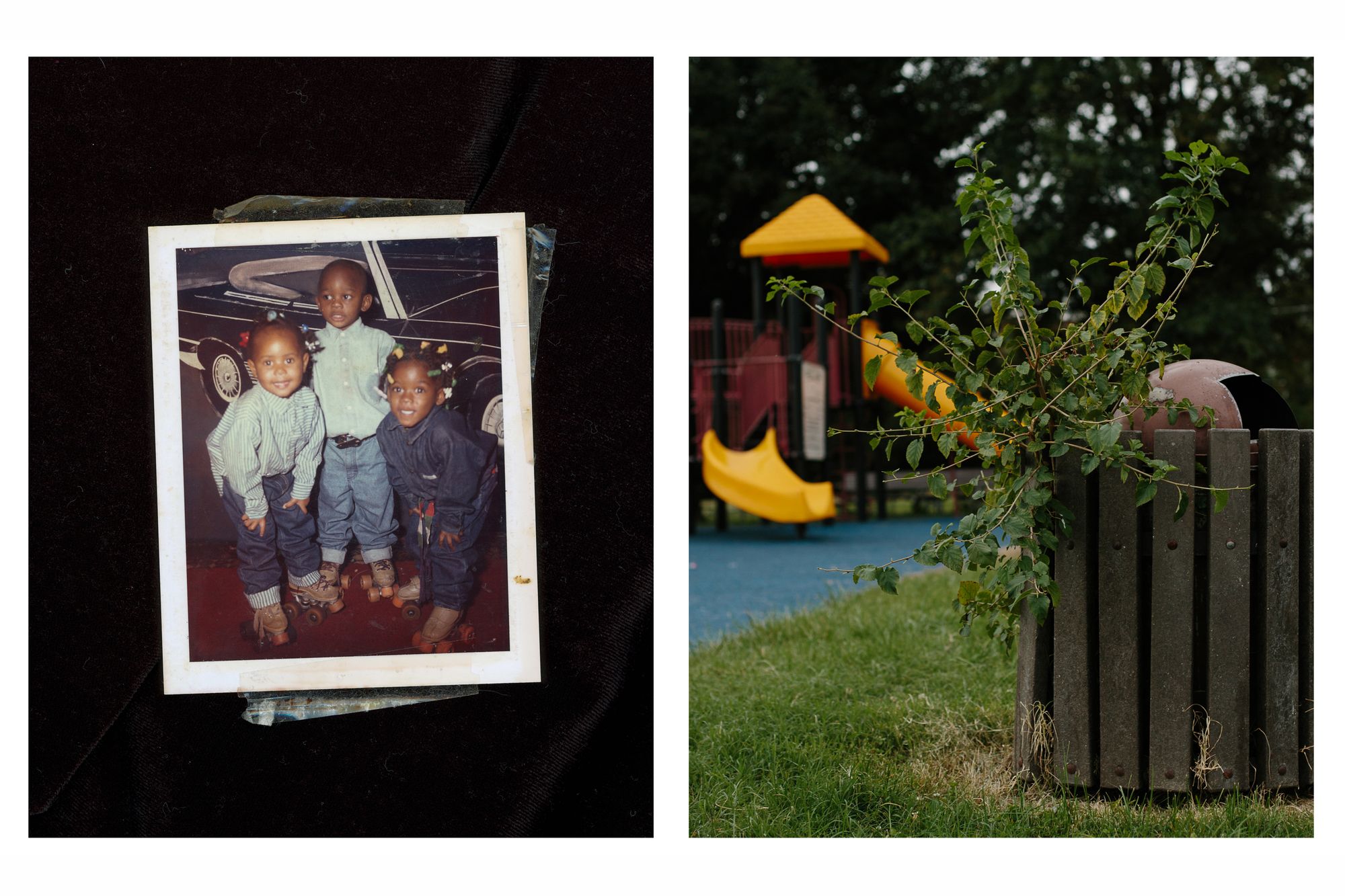 An archival image of Chaney (right), playing with two cousins, paired with an image of the playground Chaney’s own children now frequent. 