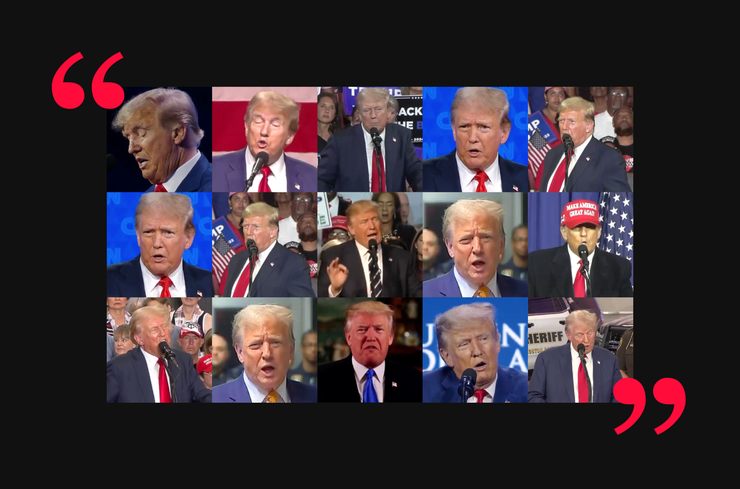 A combination of 15 screenshots of former President Donald Trump speaking at various events, wearing a suit and tie, and twice wearing a red Make America Great Again hat. In the top left and bottom right corners there is a set of quotation marks in red. The combination of screenshots is on a black solid background.