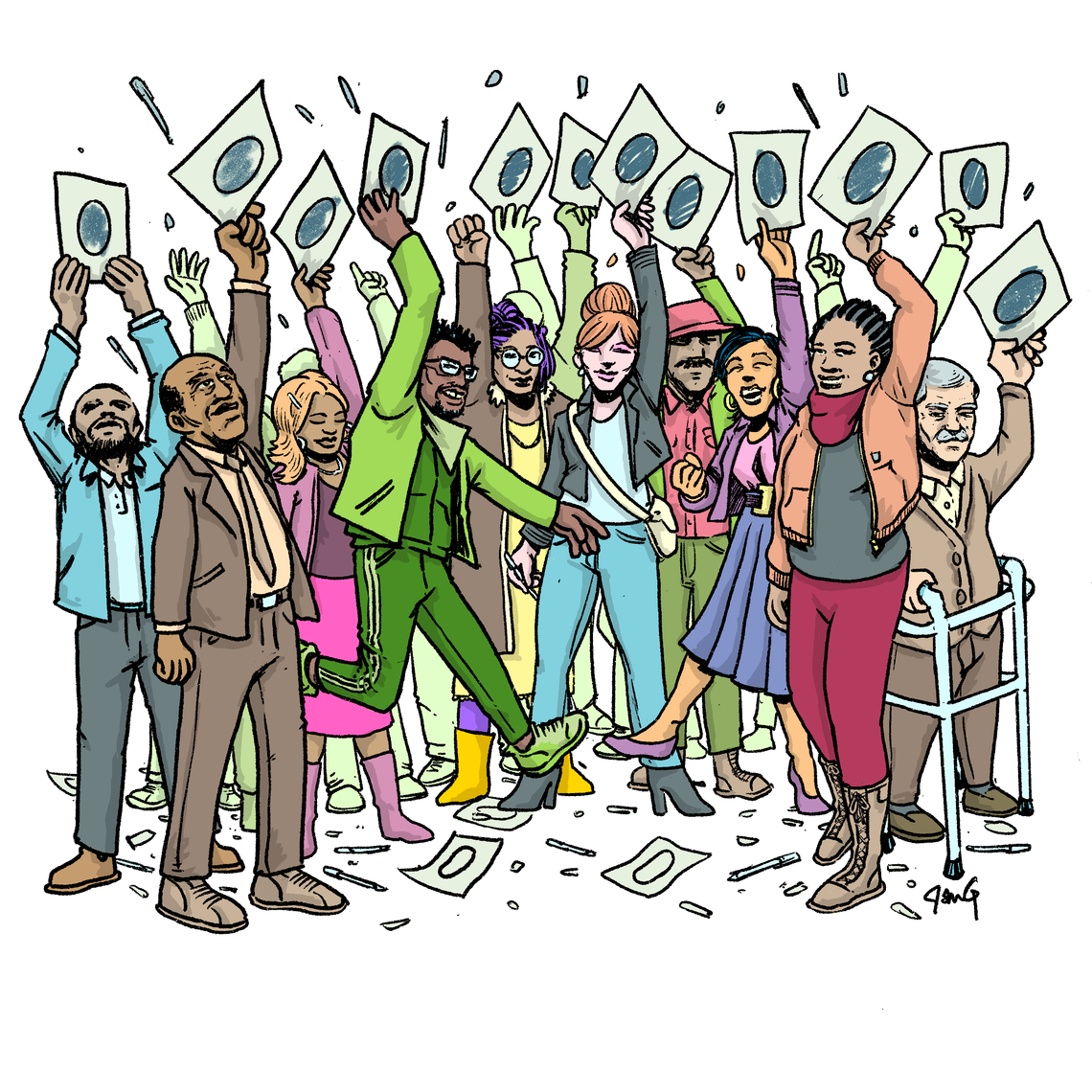 In this illustration, people of different races and ages hold up pieces of paper that show a filled-in bubble from a ballot, indicating that they have voted for judges. The people have victorious expressions on their faces. 