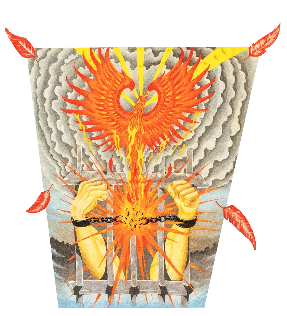 A photo of a piece of a quilt shows two arms with raised fists in handcuffs reaching out from behind prison bars. There is a phoenix rising from the center of the handcuffs, where there is a starburst.
