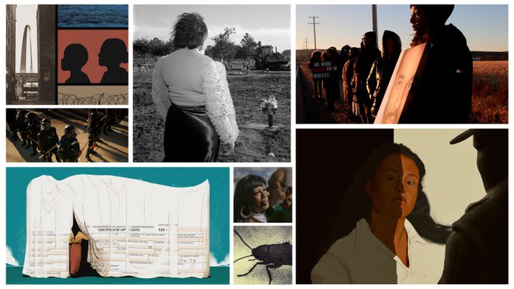 A collage of photos and illustrations. Clockwise from top left: A collage illustration with images of the city of St. Louis, a river, two silhouetted heads and barbed wire; a black-and-white photo of a Black woman in a blouse facing away toward a gravestone; a Black woman holding a photo of a Black man while standing in a line of protesters; an illustration of a Black woman in a cream-colored prison uniform looking at the silhouette of a guard; an illustration of a cockroach; a photo of a gray-haired Black man kissing a Black woman's cheek; an illustration of a white sheet covering the outline of a body, in front of a teal background, with a death certificate printed on the lower part of the sheet and a person in a long orange skirt pushing it open like curtains and walking away into darkness inside; a photo of a line of police officers standing on a corner wearing riot gear and holding batons. 