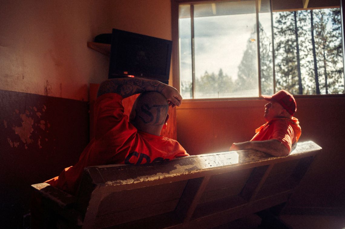 Although there is a high level of cooperation among different ethnic groups when working as a team on the fire line, some areas at the conservation camp itself, such as this "Latino TV room," remain segregated in order to avoid racial tensions or violence.