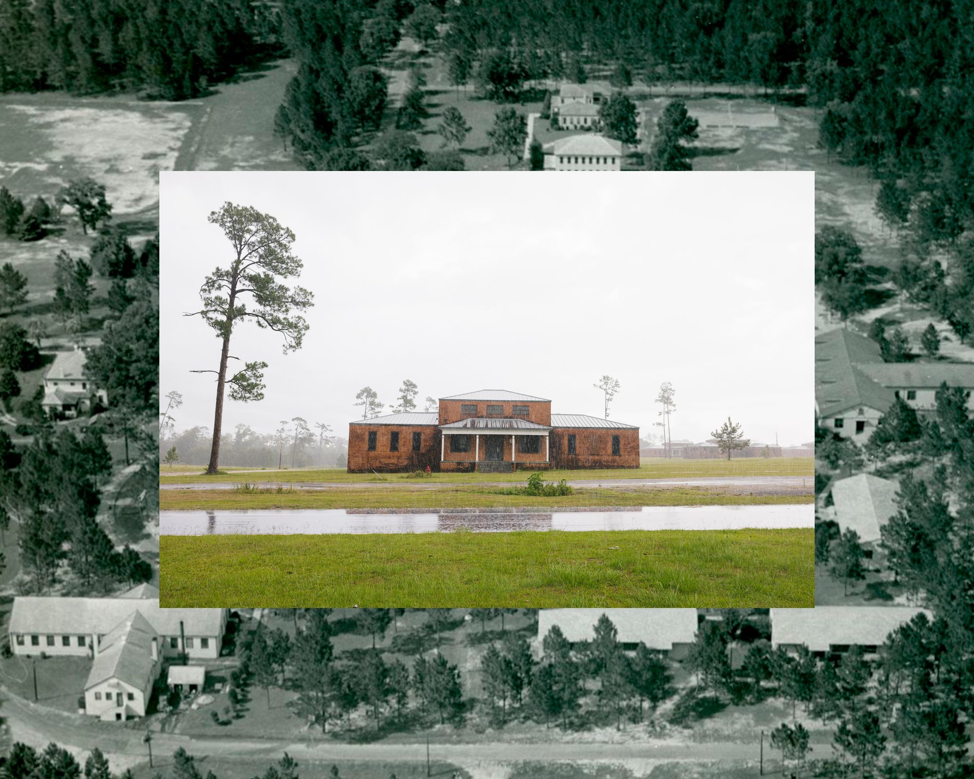 A photo of a small red building situated on a grassy landscape dotted with trees is overlaid on a monochrome photo of a campus dotted with buildings and trees.