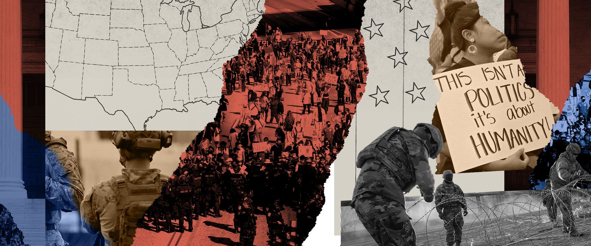 A photo collage in tones of red, white, and blue shows immigration themes, including part of a photograph of U.S. Marine Corps members at the U.S-Mexico border in San Diego; demonstrators and law enforcement at a protest over ICE immigration raids in Los Angeles; a diagram of a United States map; outlines of stars from an American flag; part of a photo that shows a woman holding a sign that reads: "This isn't politics, it's about humanity!"; and a photo of Texas National Guard members installing border fencing layered with concertina wire in El Paso, Texas. 