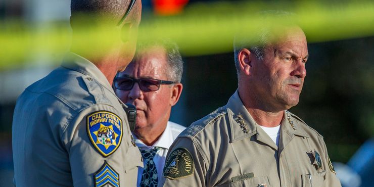 Riverside County Sheriff Chad Bianco, right, at a crime scene in Riverside, Calif., in 2019.