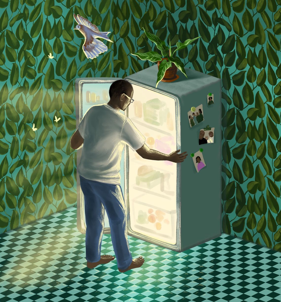 An illustration shows Bobby Bostic, a Black man, opening a refrigerator door.  Light shines out of the refrigerator.  Photos of family are on the side of the refrigerator.  A white dove flies above, and the background shows a pattern of leaves and plants.  