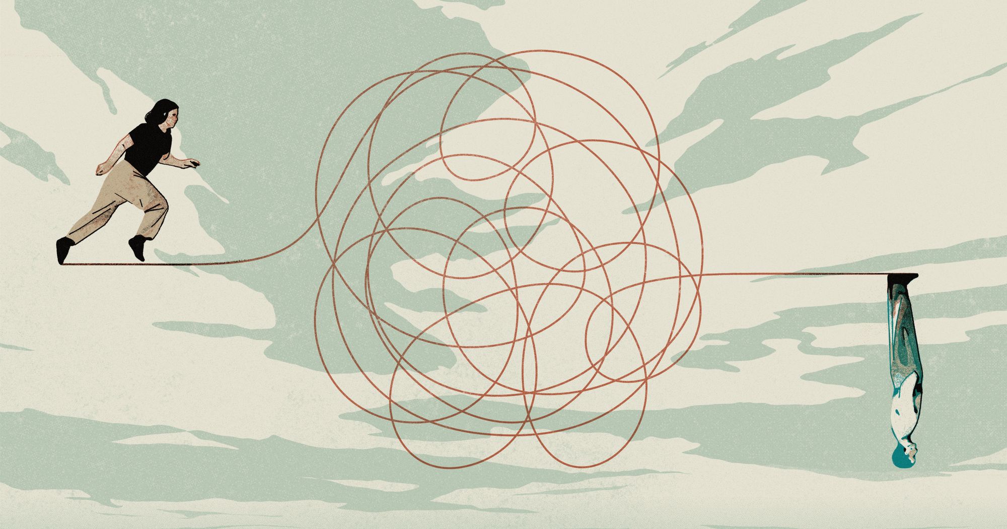 An illustration shows, on the left side, a woman running on a dark red line extending from a ball of tangled lines, with a line extending from the right, from which a person is shown standing upside down. The background of the illustration looks like a sky, with pale blue and white patches. 