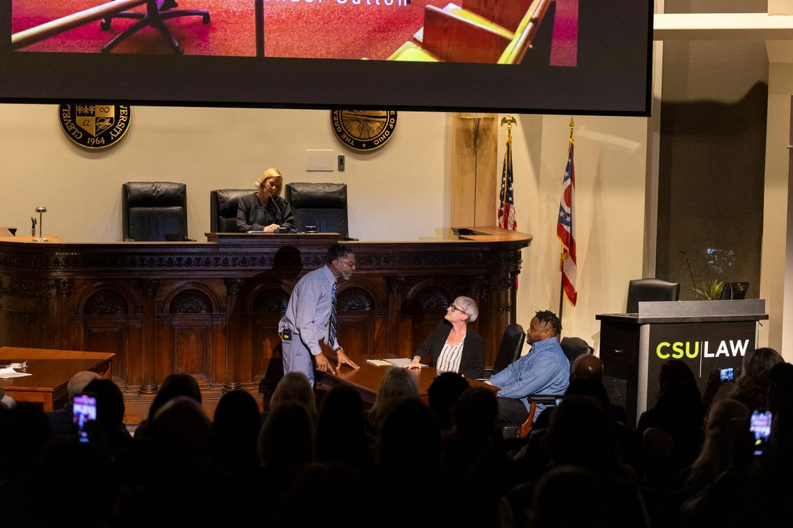 A courtroom scene performed by (left to right) Lori Holmes, Jerome “Kiko” Chambers, Leah Winsberg and Michael Sutton during “The Lynched Among Us” show. Kiko, playing a prosecutor, rapped his dialogue. 