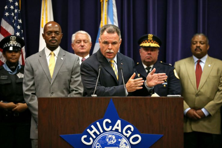 Chicago Police Superintendent Garry McCarthy held a press conference to announce the arrests of four men in a shooting at Chicago’s Cornell Square Park in September, 2013. 