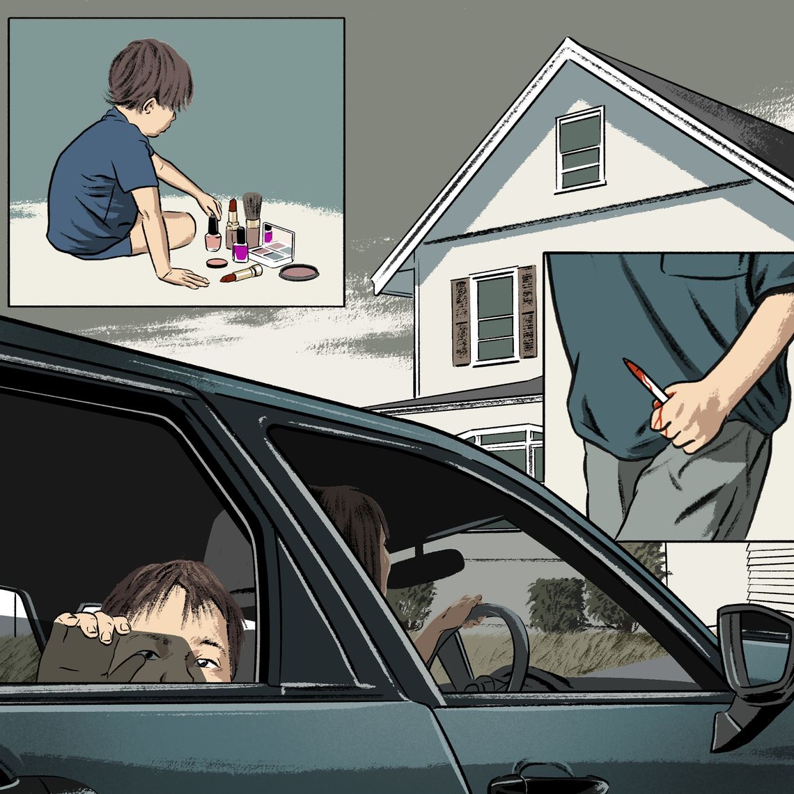 An illustration, mostly in muted shades of blue and white, shows a scene with Grace Pinson as a child looking out the window of the backseat of a car while her mother drives up to a house. In an inset rectangle at the top left, Grace as a child looks at different kinds of makeup and has her pointer finger and thumb on a bottle of nail polish. In another inset rectangle, an older Grace holds a pen with a bloody tip. 