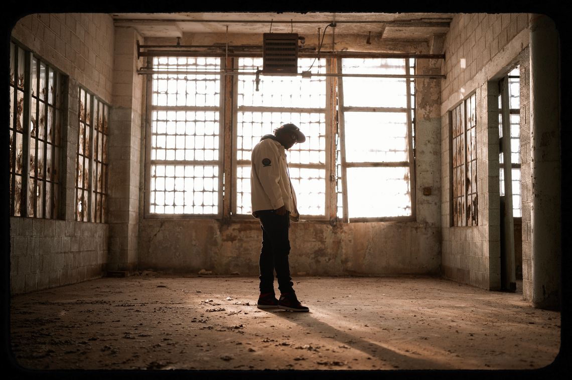 A photo shows Minister King X, a Black man with glasses, wearing a baseball cap and a white jacket, standing in an indoor space with an industrial feel to it. There are windows on all the visible walls, and much of the glass in the windows is cracked. 