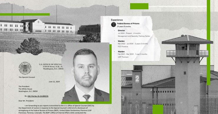 A collage shows a black-and-white image of Federal Correctional Complex, Florence, Colo.; a clipping of a letter to the president from the U.S. Office of Special Counsel; a black-and-white head shot of a White man wearing a blazer and tie; a ripped page detailing work experience; and a black-and-white image of U.S. Penitentiary, Thomson, Ill.