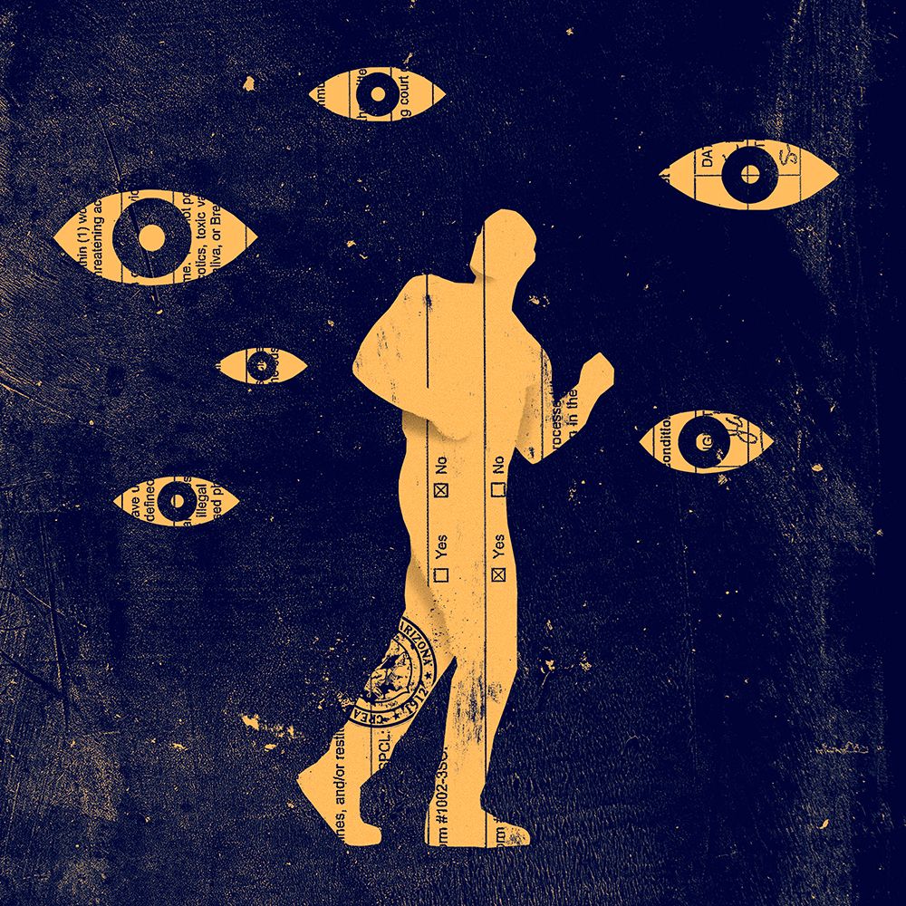 An illustration shows a yellow silhouette of a person looking over their shoulder as they walk.  In the background, there are floating yellow silhouettes of eyes against a grunge dark blue and yellow background. 