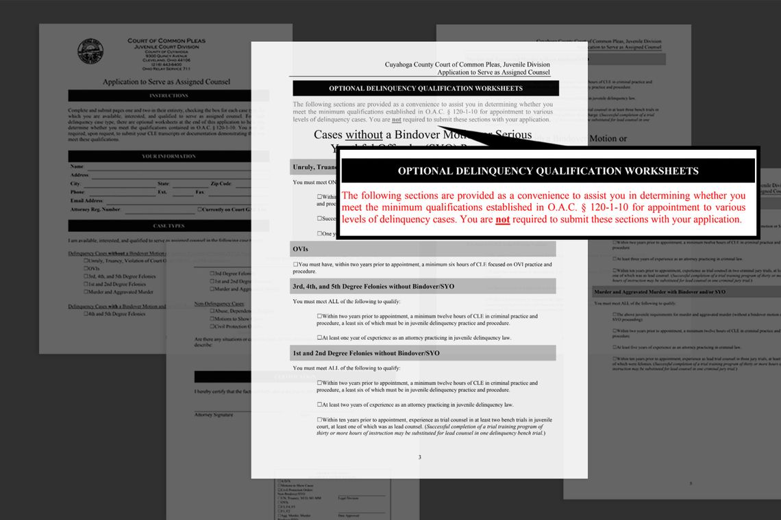 An excerpt of a multipage document reads, “Optional delinquency qualification worksheets: The following sections are provided as a convenience to assist you in determining whether you meet the minimum qualifications established in O.A.C. 120-1-10 for appointment to various levels of delinquency cases. You are not required to submit these sections with your application.” 