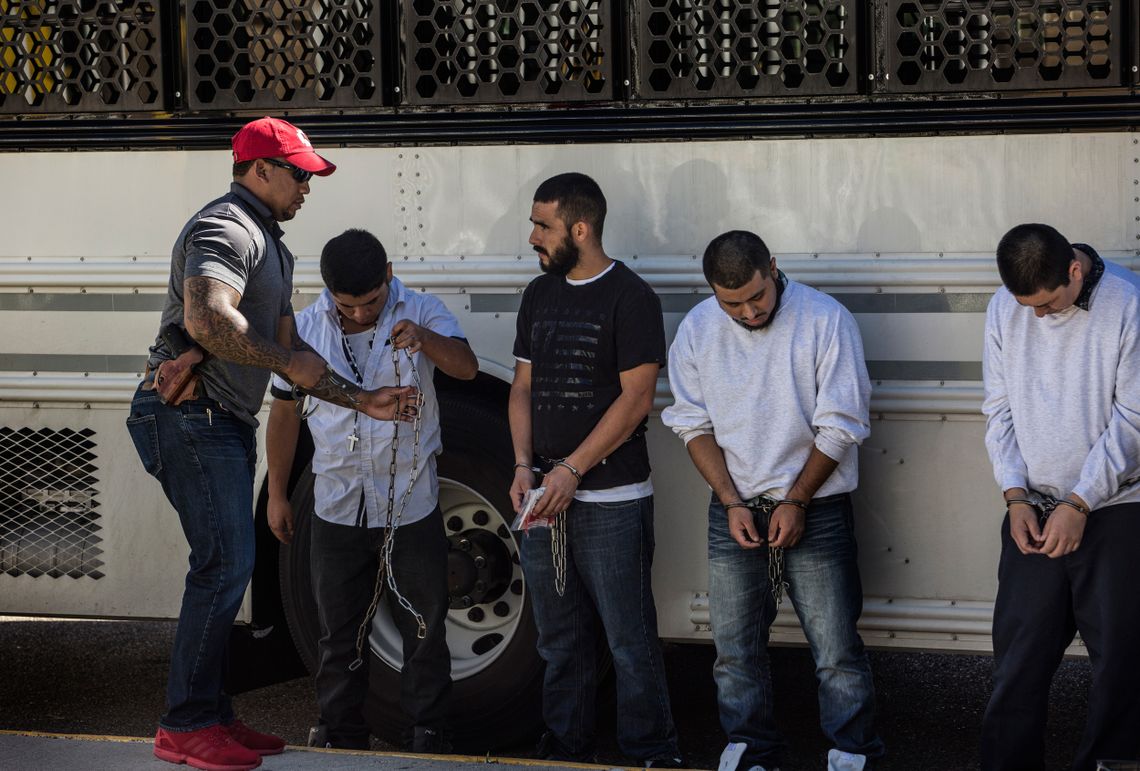 There is another regular cycle in Laredo: the daily deportations of Mexicans who were caught crossing the border illegally or living in the United States without documents, or whose claims for asylum were denied by the immigration court. Immigration and Customs Enforcement brings them in buses from detention centers in Texas to the Juarez-Lincoln Bridge. Their shackles are removed and a gateway is opened so they can walk back across the bridge to Mexico. 
