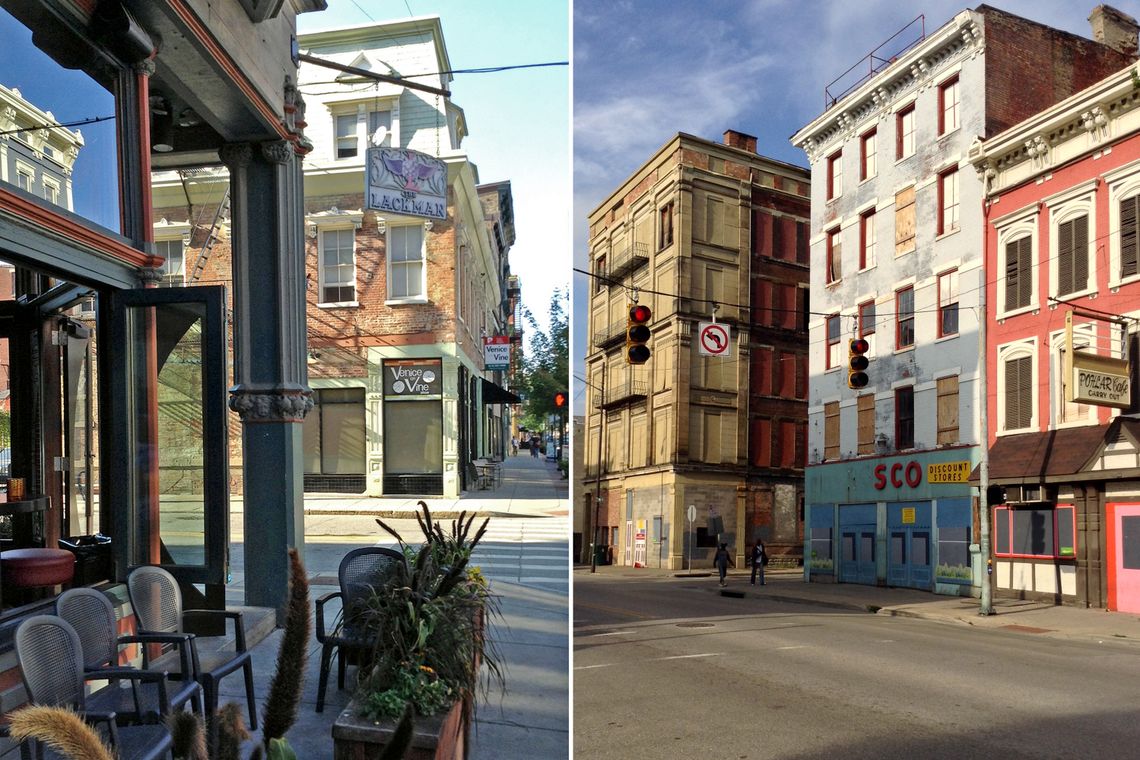 The Lackman Bar (left) in Cincinnati’s Over-the-Rhine, one of the area’s most popular hangouts. Other parts of the neighborhood are still developing. 
