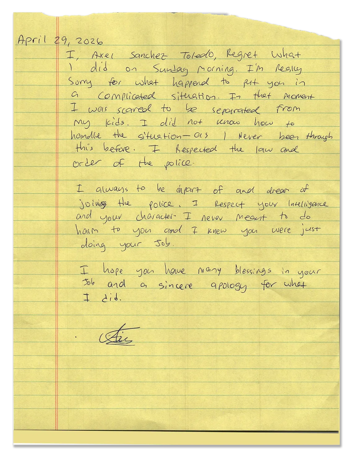 A scan of a handwritten letter on lined yellow paper. 