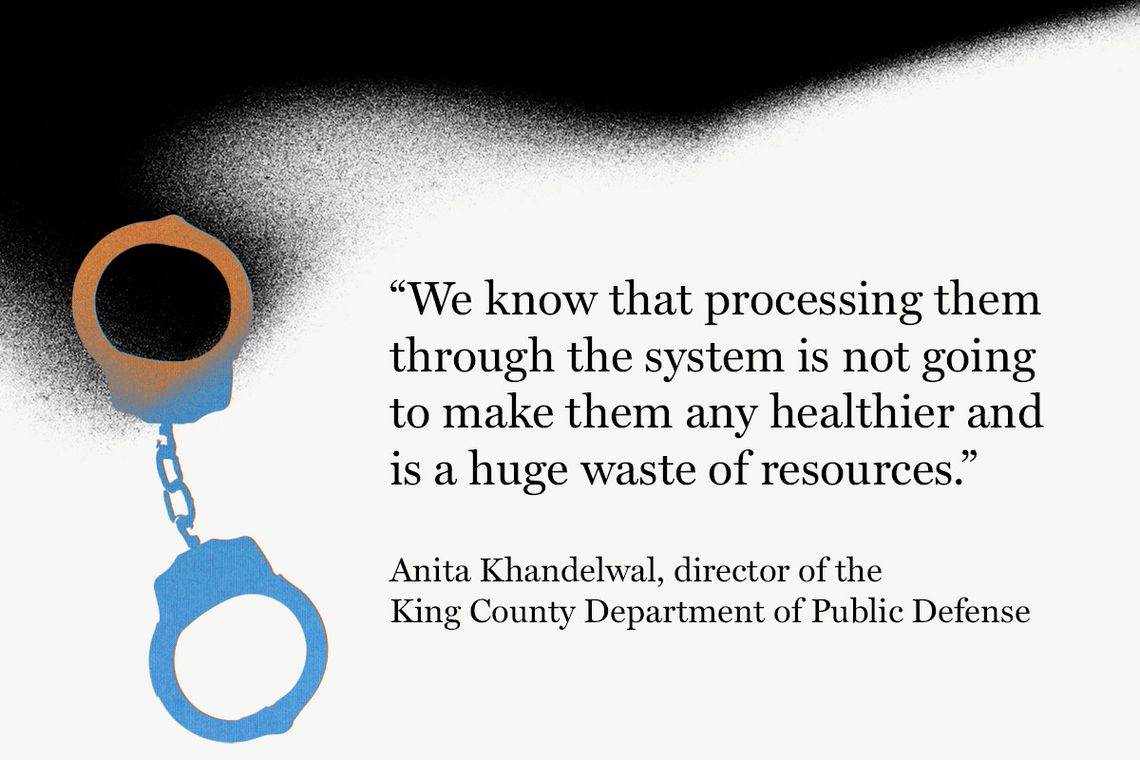 A standalone quote that reads: “We know that processing them through the system is not going to make them any healthier and is a huge waste of resources. Anita Khandelwal, director of the King County Department of Public Defense”
