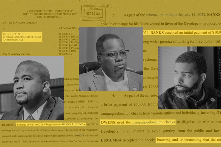 A collage shows black-and-white photographs of three Black men and excerpts from a court indictment document on a yellow background. 