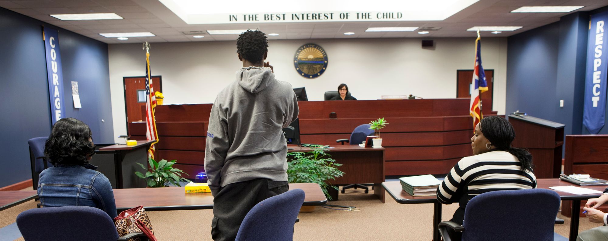 An offender stands before Judge Denise Navarre Cubbon in a juvenile court in Ohio.